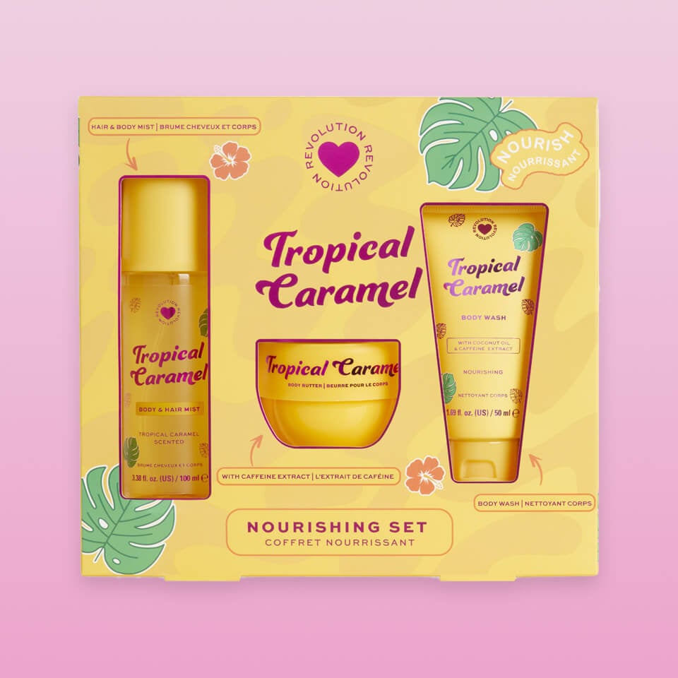 A photo of I Heart Revolution Tropical Caramel Bath and Body Gift Set.